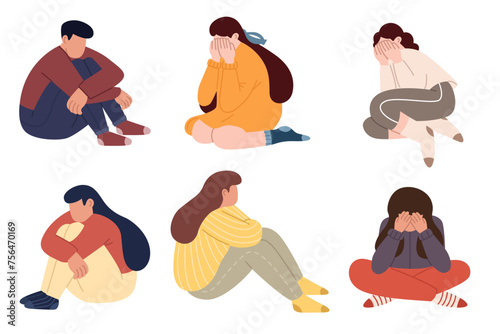Collection of teens in stressful situations or teenager's psychological problems. Stressed unhappy crying teenagers in depression. Upset tired young people. Flat graphic