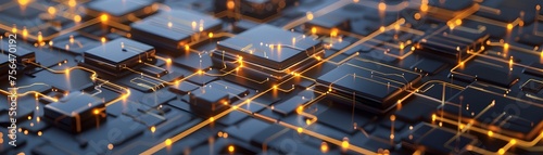 Futuristic 3D Rendering of High-Tech Digital Circuit Board Components with Glowing Microchips and Golden Lights
