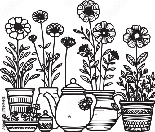 Flower and pot outline vector, Flowers in pots painted black line on a white background. Vector drawing lines. photo