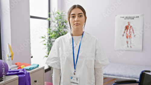 Hispanic woman physical therapist stands in a clinic room  portraying professionalism and healthcare.