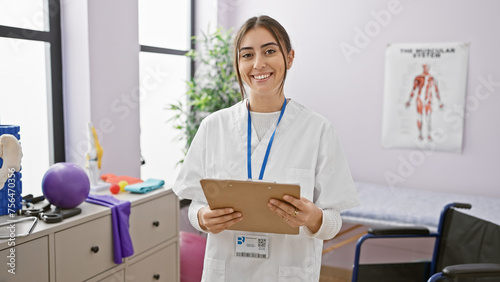 A smiling young hispanic woman in a white coat holding a clipboard, standing in a well-lit rehabilitation clinic room.