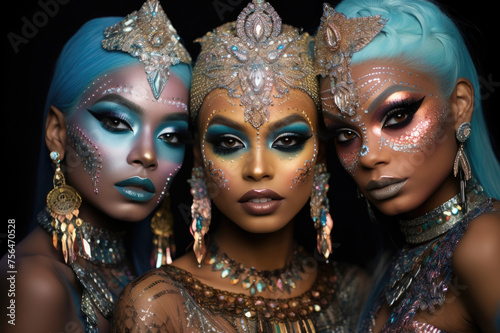 Exquisite models with glittering makeup and headpieces photo