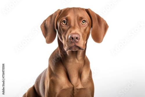A poised brown dog with a glossy coat and deep, thoughtful eyes sits attentively against a stark white backdrop. © Sascha