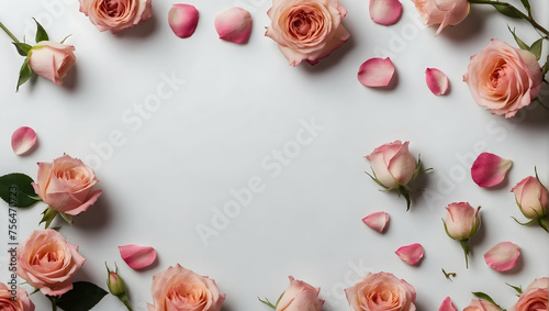 pink roses on the background of a white frame, white sheet. with a copy space for text, congratulations.