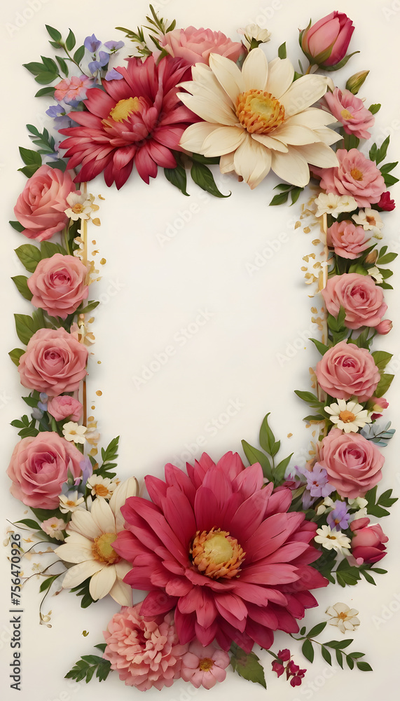 Floral Frame with Roses and Pink Blooms