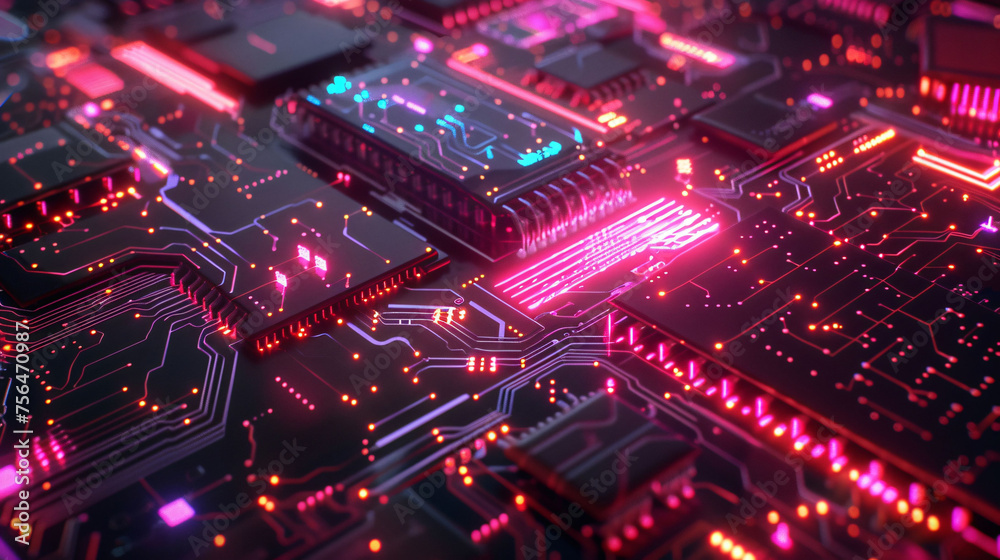 A futuristic pattern on a glowing neon circuit board.
