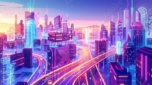 Neon Glow Cyberpunk Cityscape Illustration A digital illustration of a bustling cyberpunk cityscape bathed in neon glow, featuring futuristic skyscrapers and busy traffic at twilight.