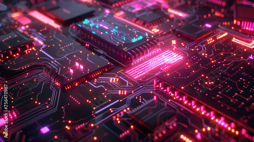 A futuristic pattern on a glowing neon circuit board.