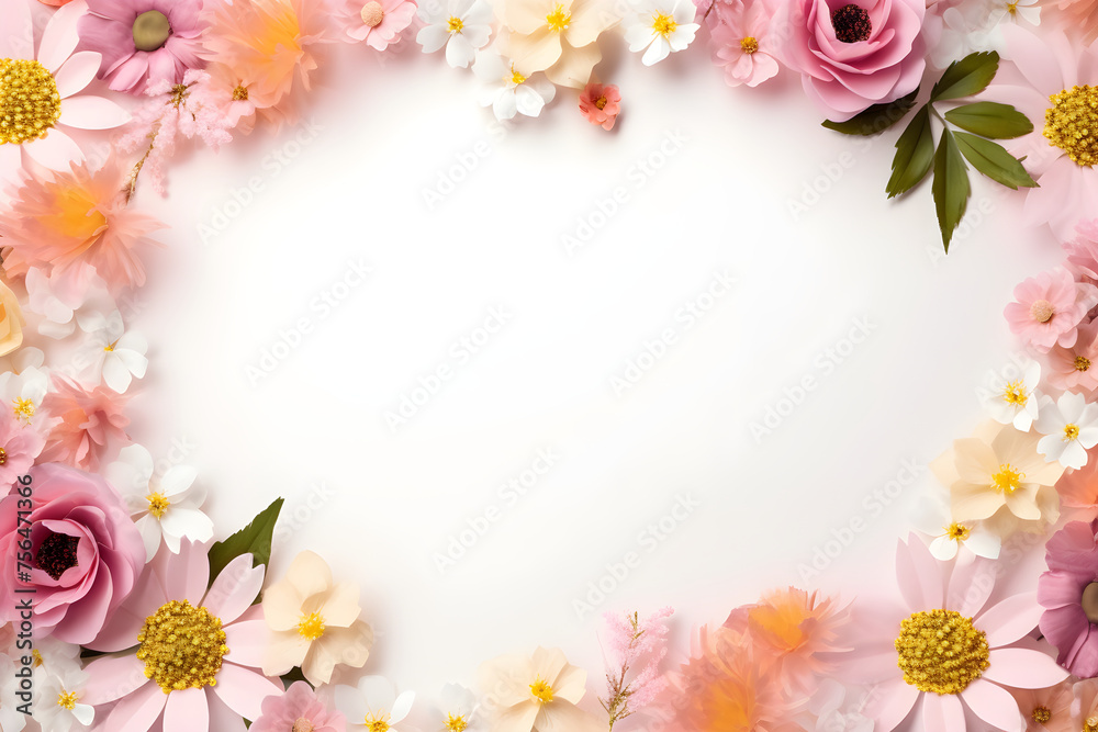 Frame of flowers on a white background. Design banner template for advertising, summer cards, invitations, posters with place for text