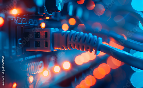 closeup of network switch and blue cable in data center, bokeh background