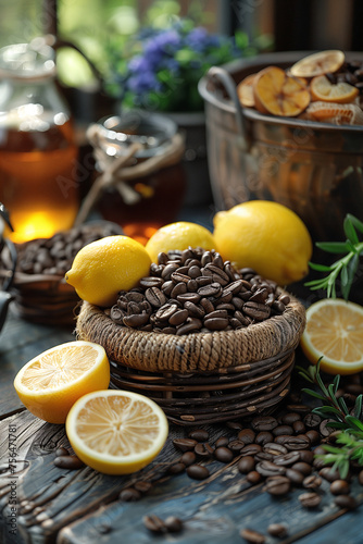 Brown color of medium roasted coffee beans  sits on metal basket  Presenting Lemon and Honey Taste note 