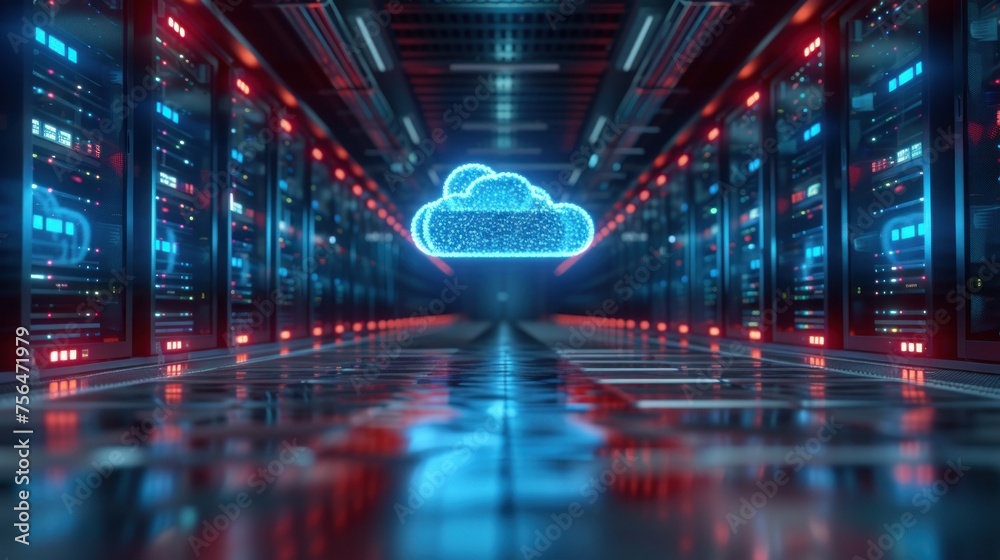 3d render of glowing cloud icon above row of computer server in data center room with hologram effect, concept of technology with digital connection, futuristic style, cloud computing concept