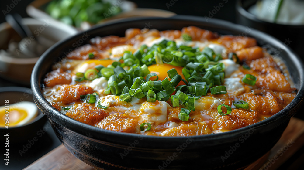 A Close up of Japanese Katsudon topping by chopped spring onion and eggs A Close up of Japanese Katsudon topping by chopped spring onion and eggs
