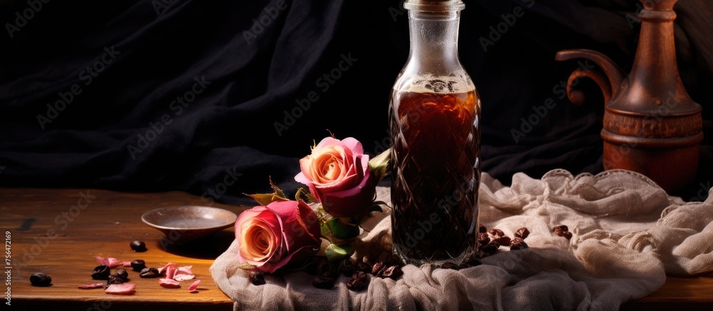 Cold brew coffee served in a bottle with fabric, dried rose, and glass.