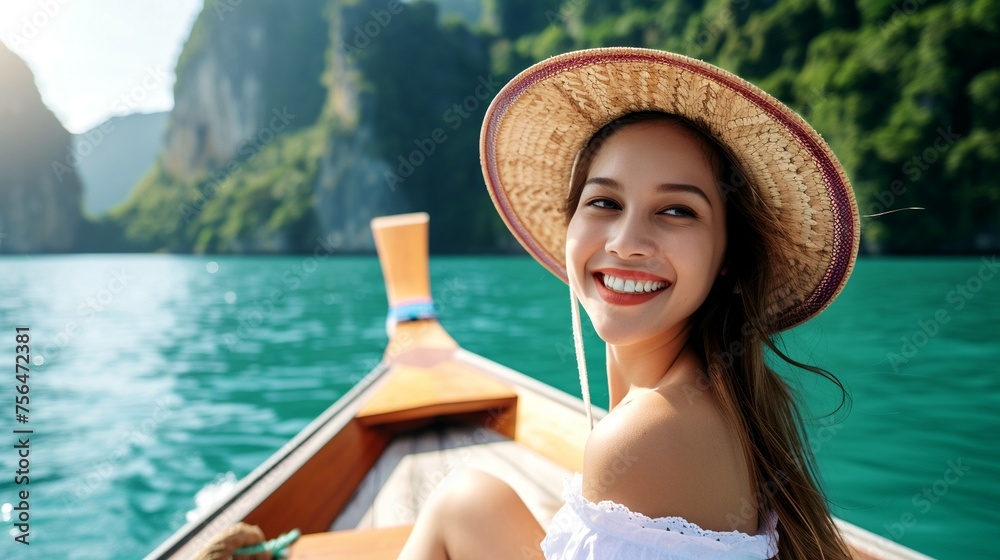 Fototapeta premium A woman wearing a hat is seated in a boat on the water.