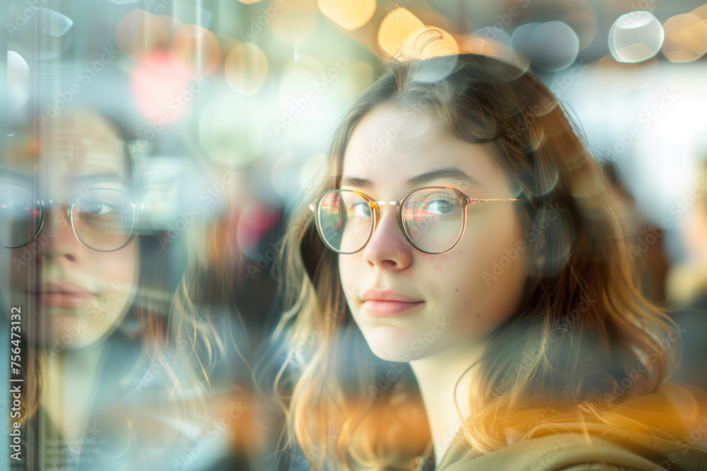 Portrait of a female student thinking about his future. Blurred background, long exposure, bokeh. Created with Generative AI technology. Portrait of a female student thinking about his future. Blurred background, long exposure, bokeh. Created with Generative AI technology.