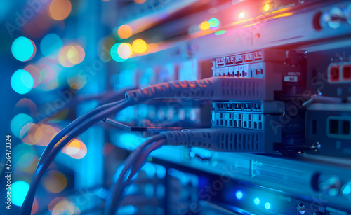 closeup of network switch and blue cable in data center, blurred background