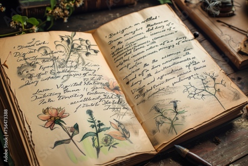 Dry plants on the book. A book with a herbarium and description photo