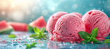 Pink ice cream with watermelon flavor on the pink background, blue background