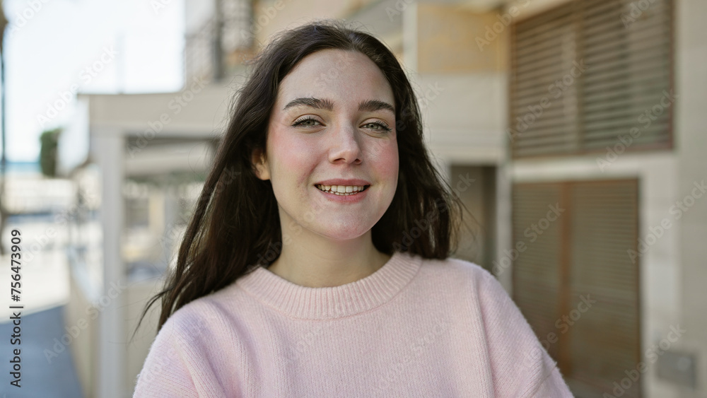Portrait of an attractive, young caucasian woman smiling outdoors on a sunny urban street. Portrait of an attractive, young caucasian woman smiling outdoors on a sunny urban street.
