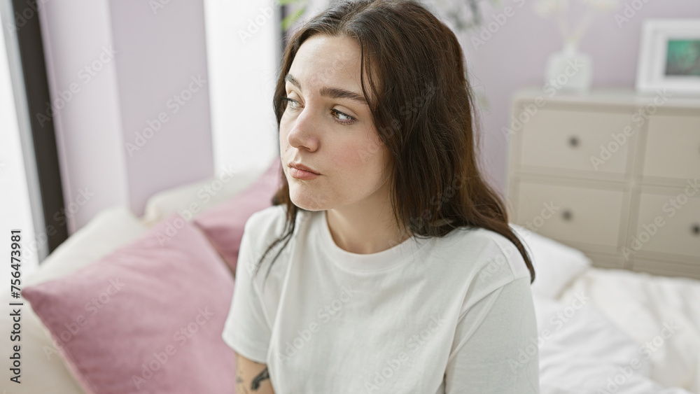A contemplative young woman sitting in a modern bedroom with a minimalist decor. A contemplative young woman sitting in a modern bedroom with a minimalist decor.