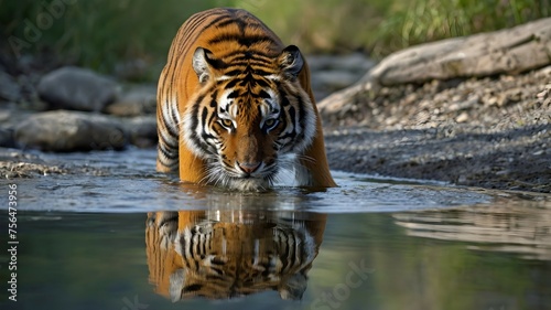 A powerful tiger drinking from a crystal-clear stream, its reflection shimmering in the pristine water as it quenches its thirst.