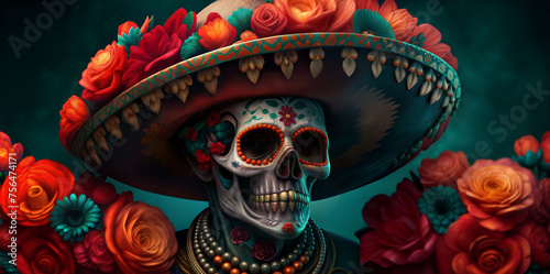 Vibrant backdrop featuring a decorated skull wearing a flower-adorned sombrero for dia de los muertos. Mexican background for Mexico festive festival Cinco de mayo