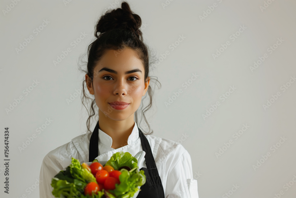 A woman with a bun on her head is holding a bunch of vegetables A woman with a bun on her head is holding a bunch of vegetables