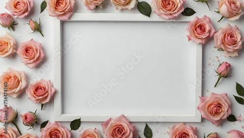 pink roses on the background of a white frame, white sheet. with a copy space for text, congratulations.