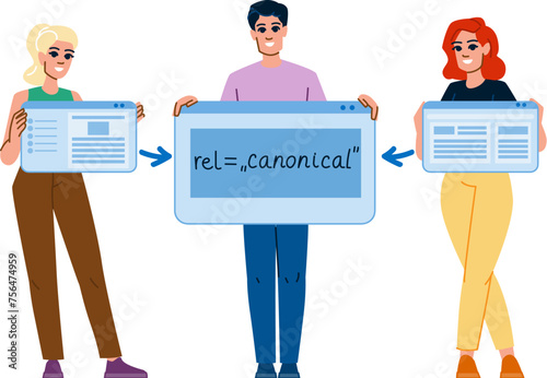 coding canonical tag vector. description code, html metadata, h1 search coding canonical tag character. people flat cartoon illustration photo