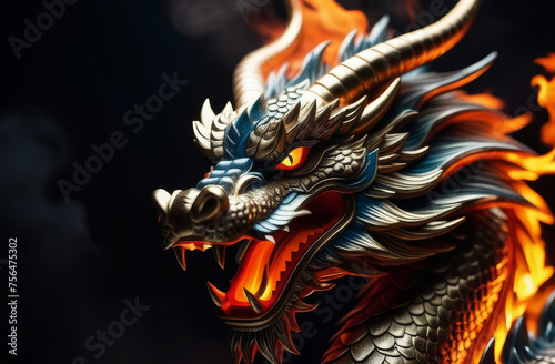 Big traditional mystical Chinese dragon from fairy tales and legends. Fantasy dragon on black Background. Year of the Dragon