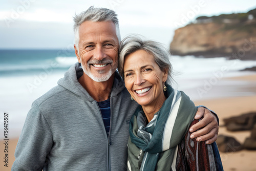 Cheerful mature couple in hoodies by the sea, sharing a warm embrace.