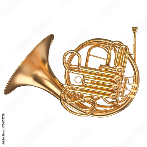 Golden french horn on white photo