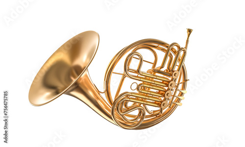 Golden french horn on white background