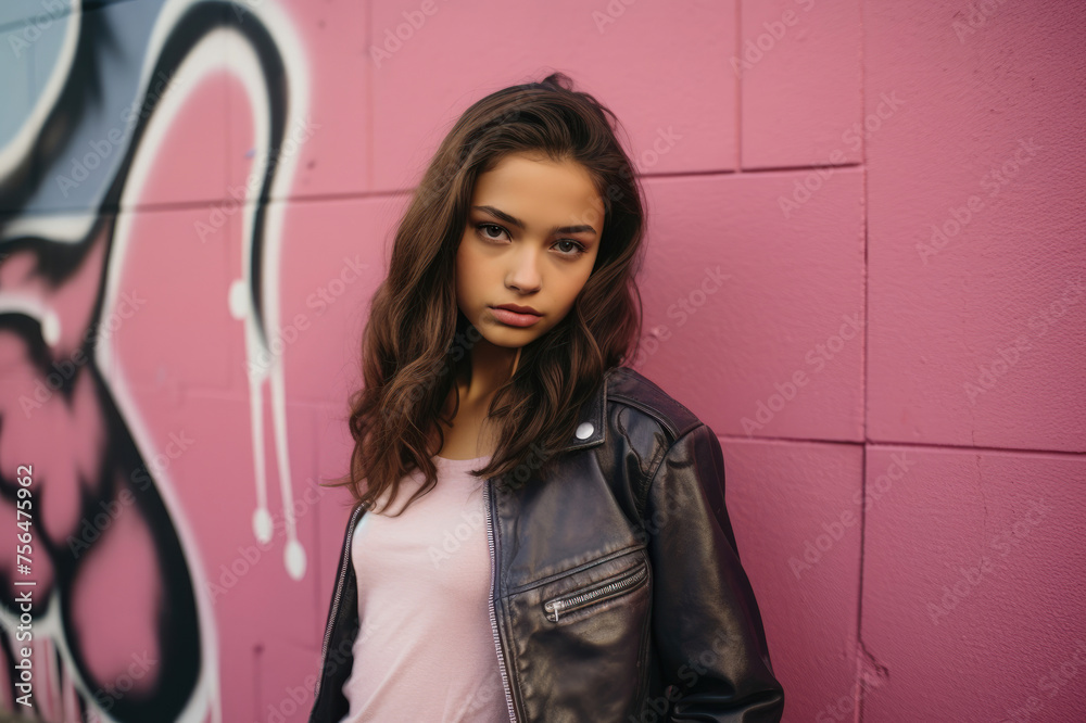 Fototapeta premium Urban teen girl with leather jacket against pink graffiti wall.