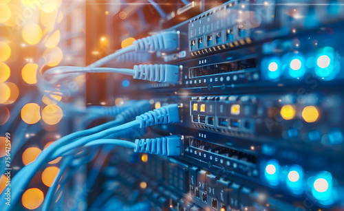 closeup of network switch and blue cable in data center, blurred background photo