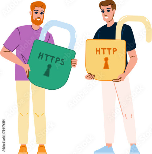 secure https http vector. lock website, certificate bar, phishing internet secure https http character. people flat cartoon illustration