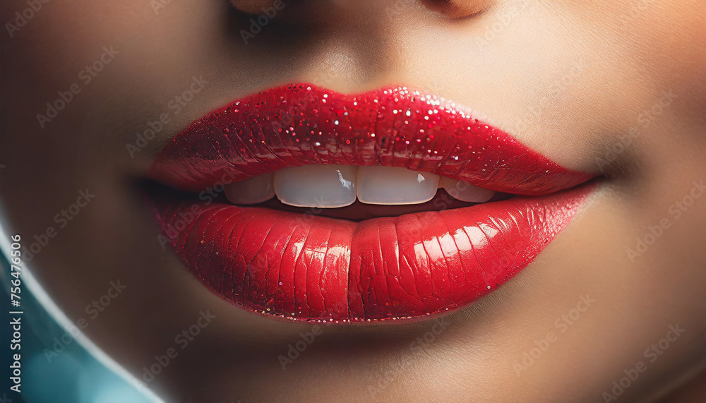 Fototapeta premium Sexy Red Lips close up. Beautiful Perfect Makeup. Beautiful red Lip Gloss. Cosmetic.mouth open, big lips. Cosmetic beauty procedures