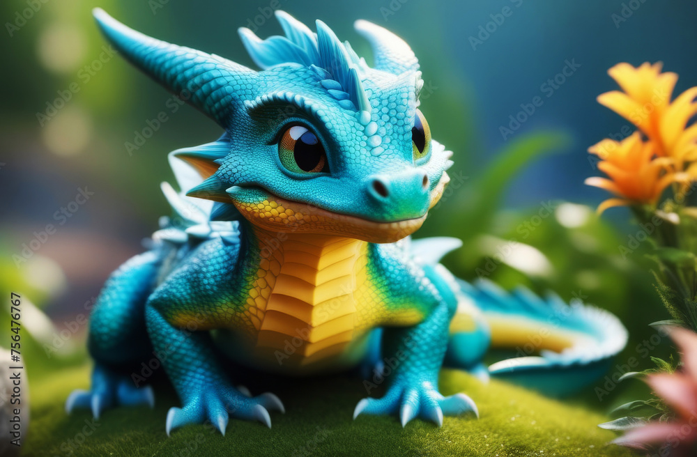 Cute adorable colored baby dragon cartoon. Fairytale dragon character in the style of children-friendly cartoon animation fantasy art