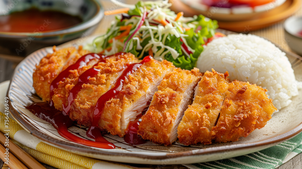 Japanese chicken cutlet, rice and soup, Plate of teriyaki chicken with rice isolated on white background, Teriyaki chicken with rice and sesame seeds on a light gray background. Toruko Rice, Curry. Japanese chicken cutlet, rice and soup, Plate of teriyaki chicken with rice isolated on white background, Teriyaki chicken with rice and sesame seeds on a light gray background. Toruko Rice, Curry.