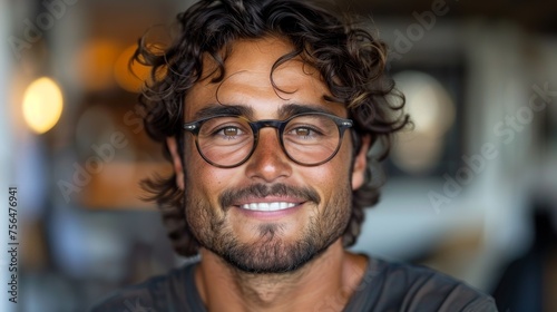 smiling man with black curly hair in glasses 