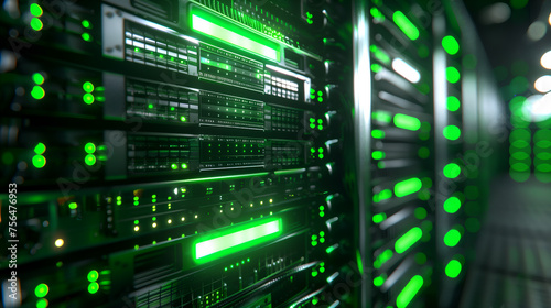 Closeup view of the mainframe server in data center with green light flashing on it. Cyber security, cloud computing and virtualization technology background