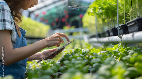 A close-up of a young female farmer's hand using a tablet to monitor the nutrient levels in a hydroponic system, with details of the farmer's concentration, the tablet's screen.