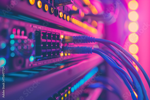 network switch and cables in data center, close up, purple color gradient background photo