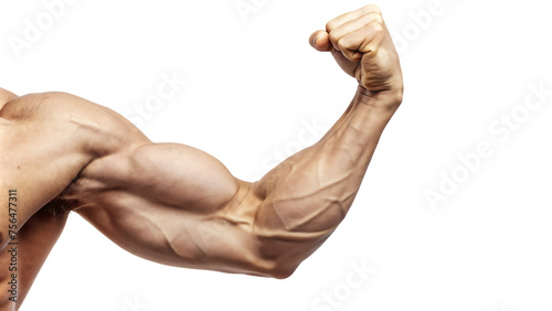 Close-up of a muscular male torso flexing his bicep and fist, embodying strength and fitness