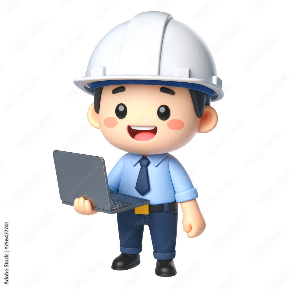 3d cute engineer character in a hard hat and blue shirt holding a laptop, 3d clipart, 3d character. 3d cute engineer character in a hard hat and blue shirt holding a laptop, 3d clipart, 3d character.