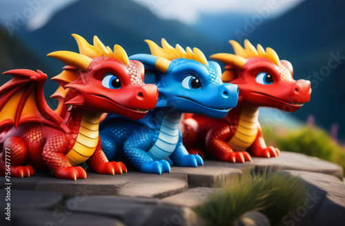 Set of illustrations of adorable cute dragon cartoon characters. Cute adorable colored baby dragons cartoon. Fairytale dragon character in the style of children-friendly cartoon animation fantasy art. © Yekatseryna