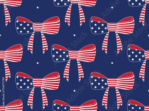 Seamless vector pattern with patriotic USA ribbon bows, stars and stripes, 4th of July, Independence
