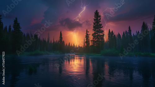 The image is a beautiful landscape of a forest and a lake during a lightning storm. © Ismayil