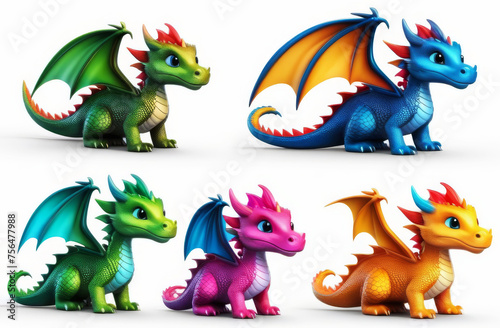Set of illustrations of adorable cute dragon cartoon characters. Cute adorable colored baby dragons cartoon. Fairytale dragon character in the style of children-friendly cartoon animation fantasy art.